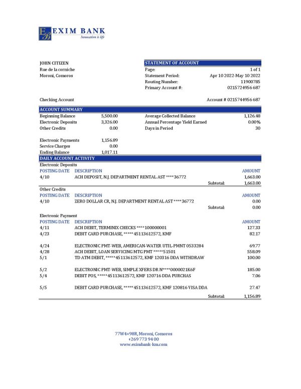 Comoros Exim bank statement Excel and PDF template, fully editable