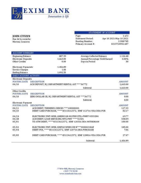 Comoros Exim bank statement Word and PDF template, fully editable
