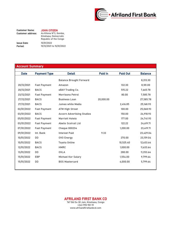 Congo Afriland First bank statement Word and PDF (.doc and .pdf) template