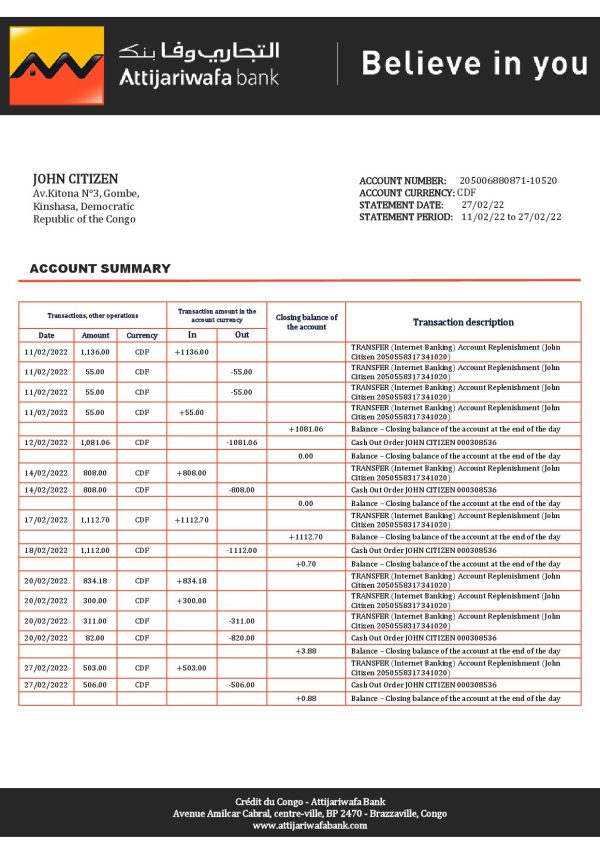 Congo Credit du Congo bank statement Word and PDF (.doc and .pdf) template