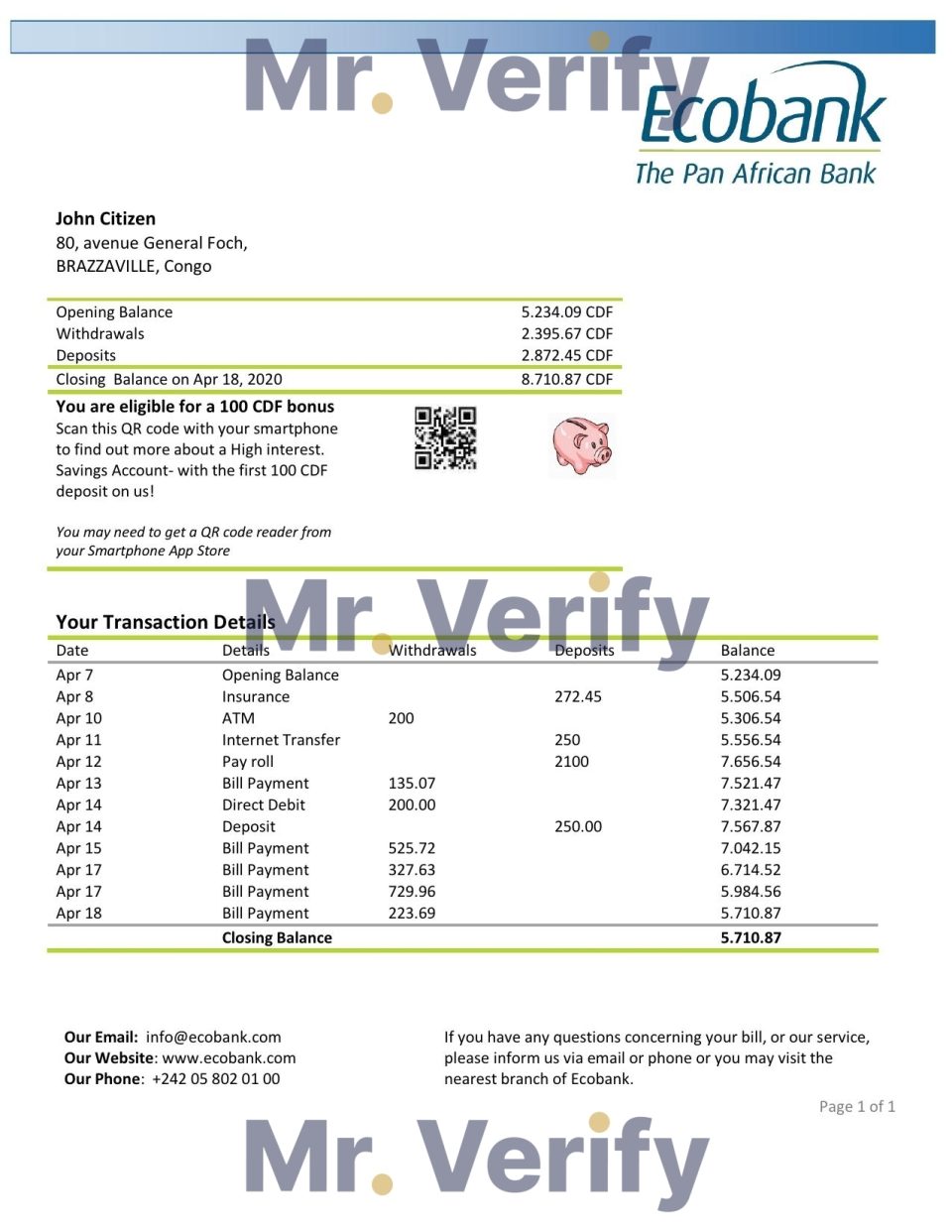 Congo Ecobank bank statement template in Word and PDF (.doc and .pdf) format