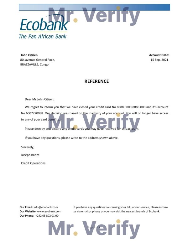 Congo Ecobank bank account closure reference letter template in Word and PDF format