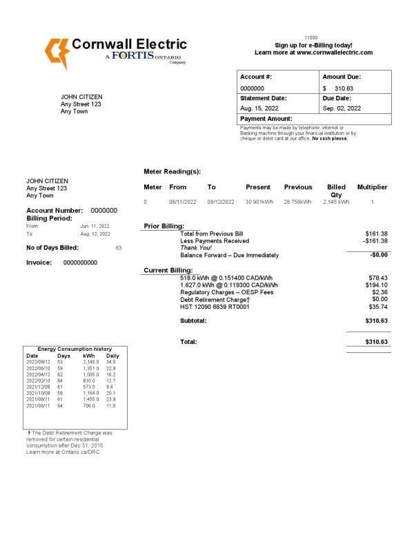 USA Cornwall Electric utility bill template in Word and PDF format