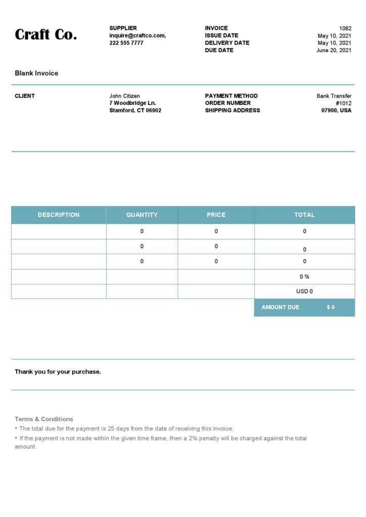 High-Quality USA Craft Co. Invoice Template PDF | Fully Editable