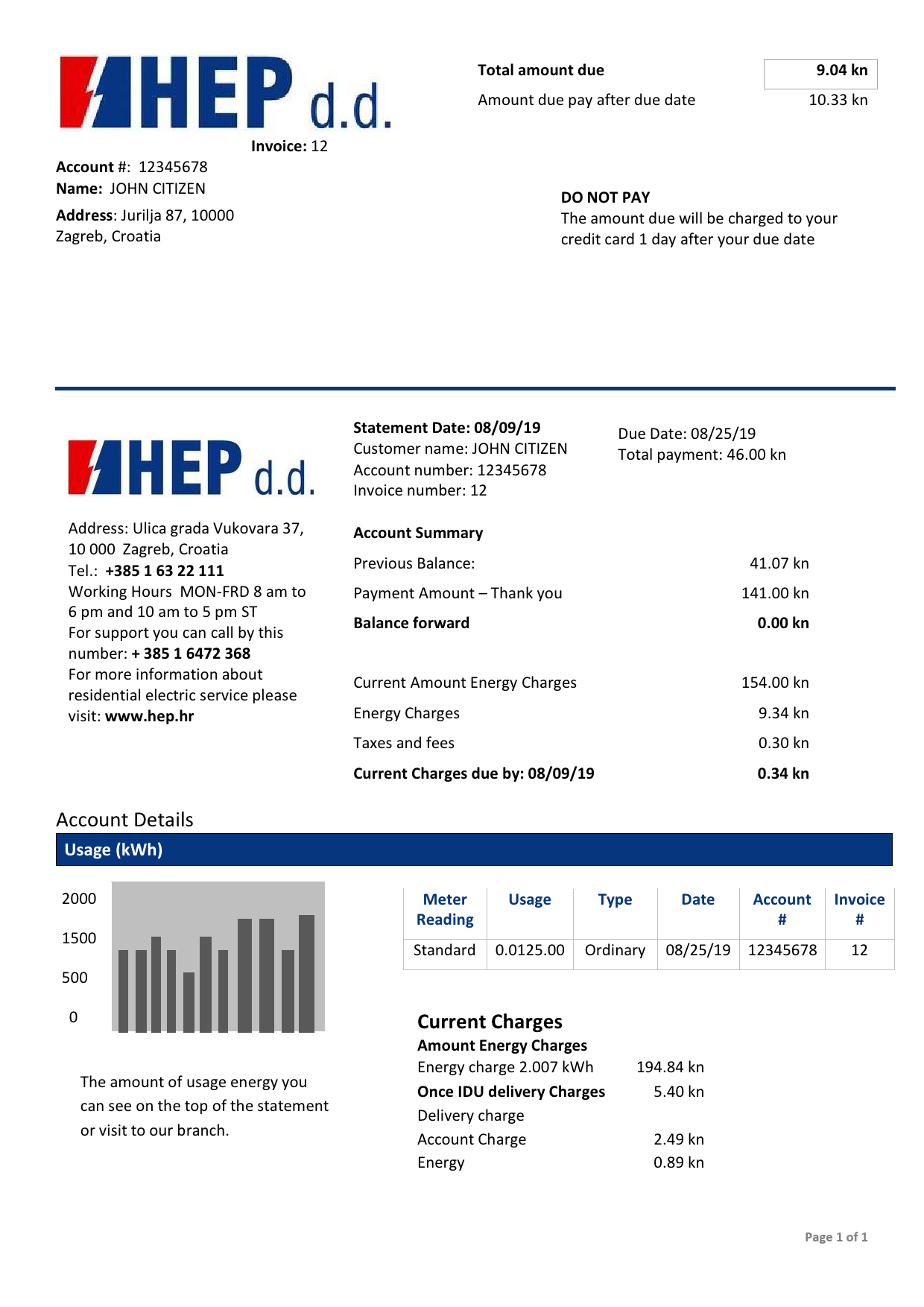 Croatia Hrvatska Elektroprivreda electricity utility bill template in Word and PDF format