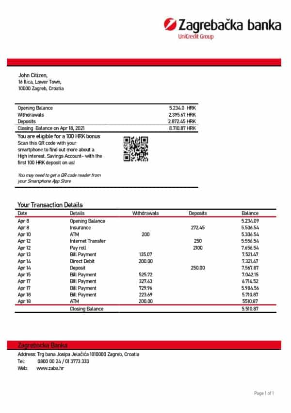 Croatia Zagrebačka bank statement template in Word and PDF format