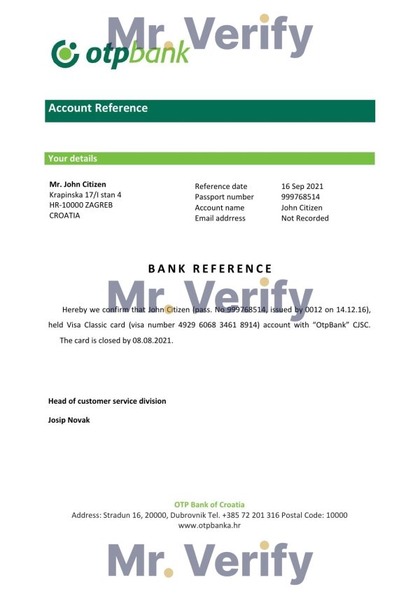Download Croatia OTP Bank Reference Letter Templates | Editable Word