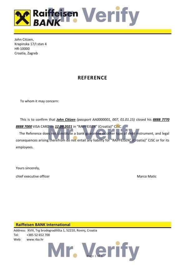 Download Croatia Raiffeisen Bank Reference Letter Templates | Editable Word