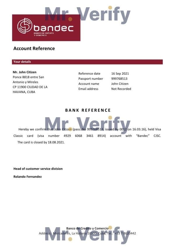 Download Cuba Bandec Banco de Credito y Comercio Bank Reference Letter Templates | Editable Word