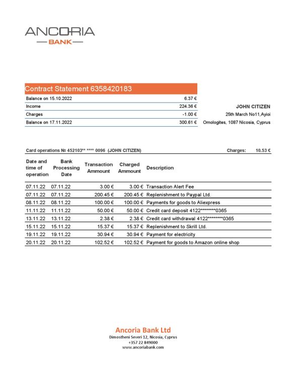 Cyprus Ancoria bank statement Excel and PDF template
