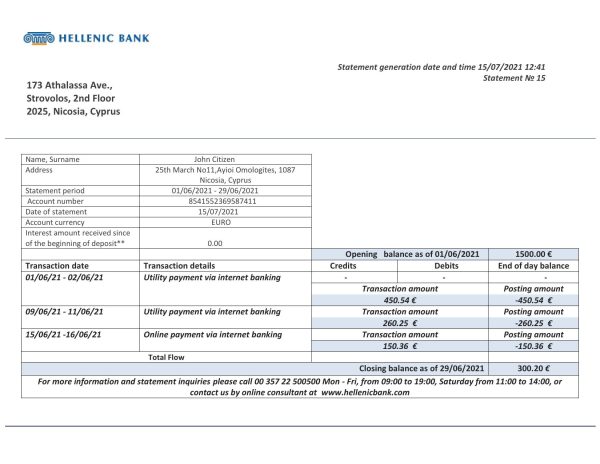 Cyprus Hellenic bank statement template in Word and PDF format