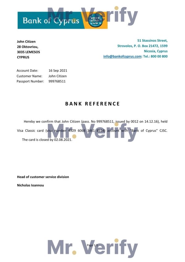 Download Cyprus Bank of Cyprus Bank Reference Letter Templates | Editable Word