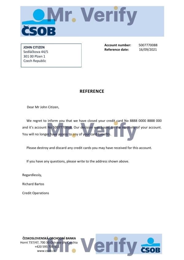 Download Czech Republic Československá Obchodní Bank Reference Letter Templates | Editable Word