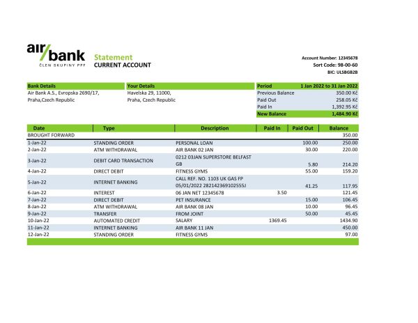 Czechia Air bank statement Excel and PDF template