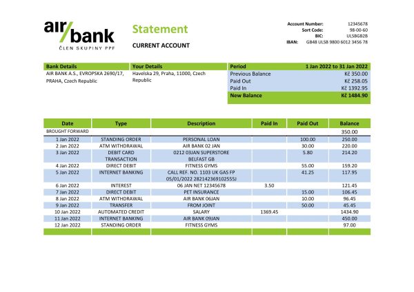 Czechia Air bank statement template in Word and PDF format