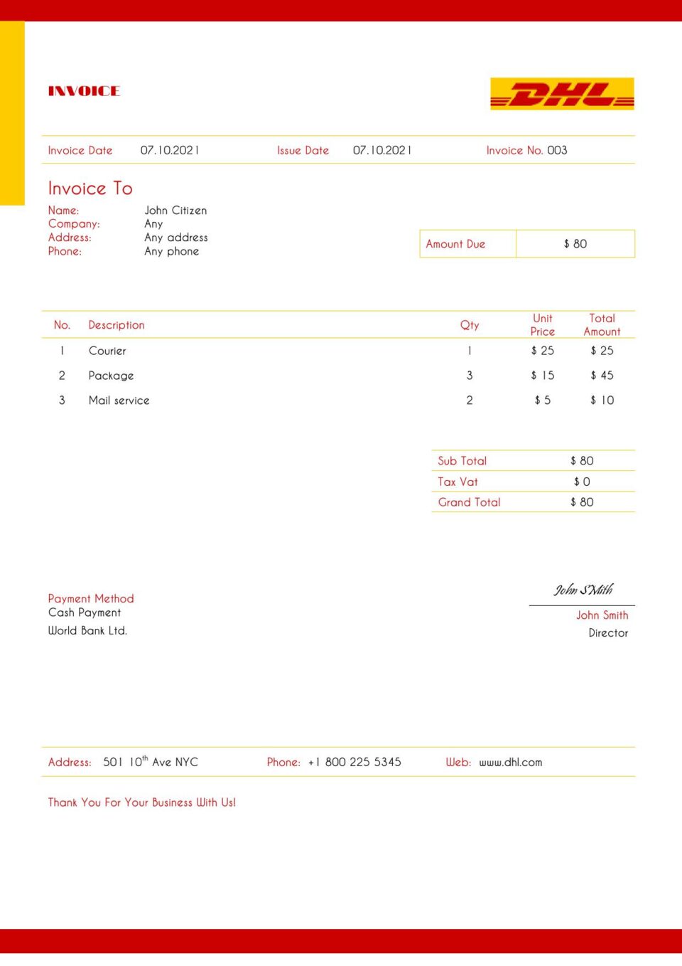 USA DHL invoice template in Word and PDF format