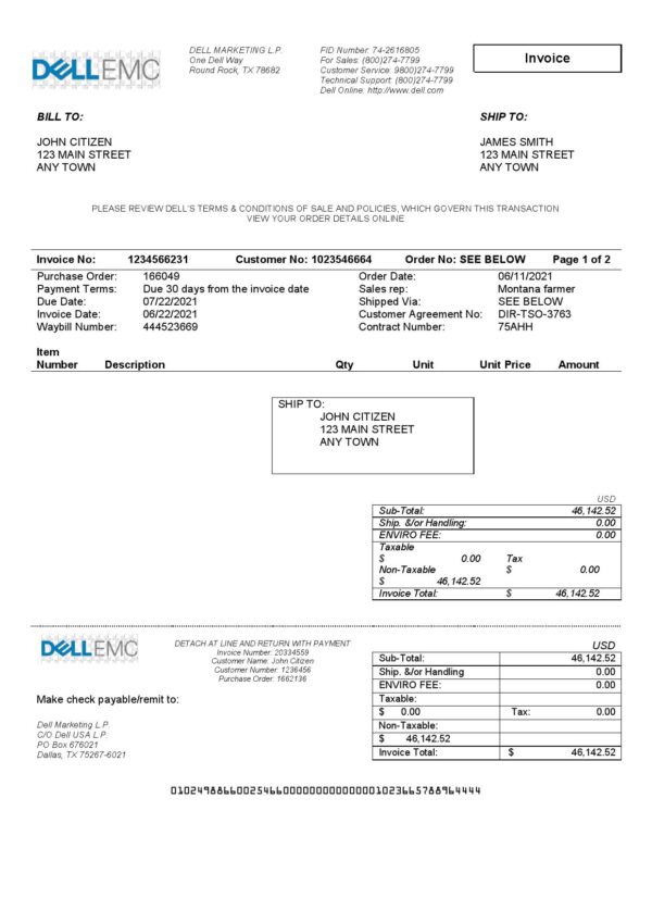 USA Dell Technologies invoice template in Word and PDF format
