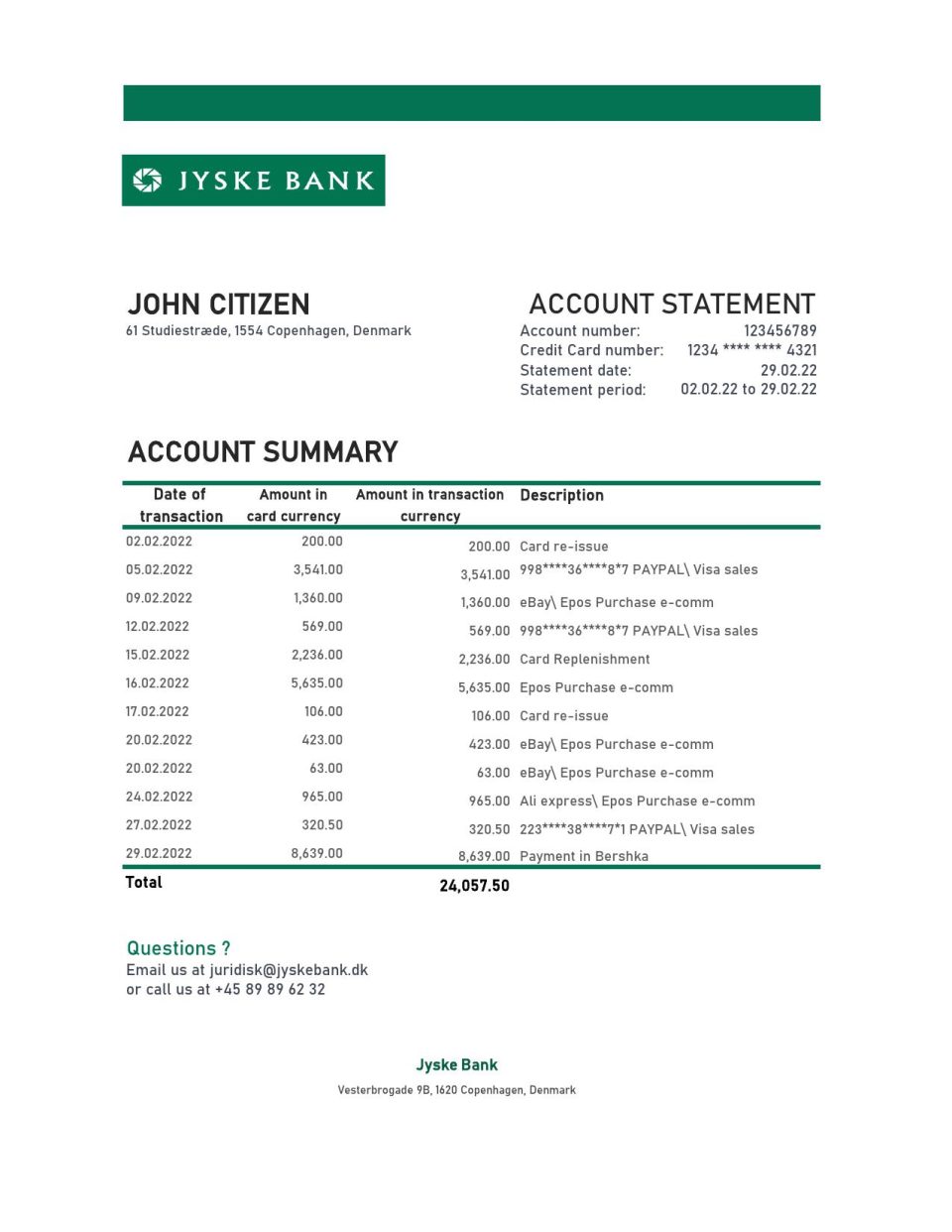 Denmark Jyske bank statement Excel and PDF template