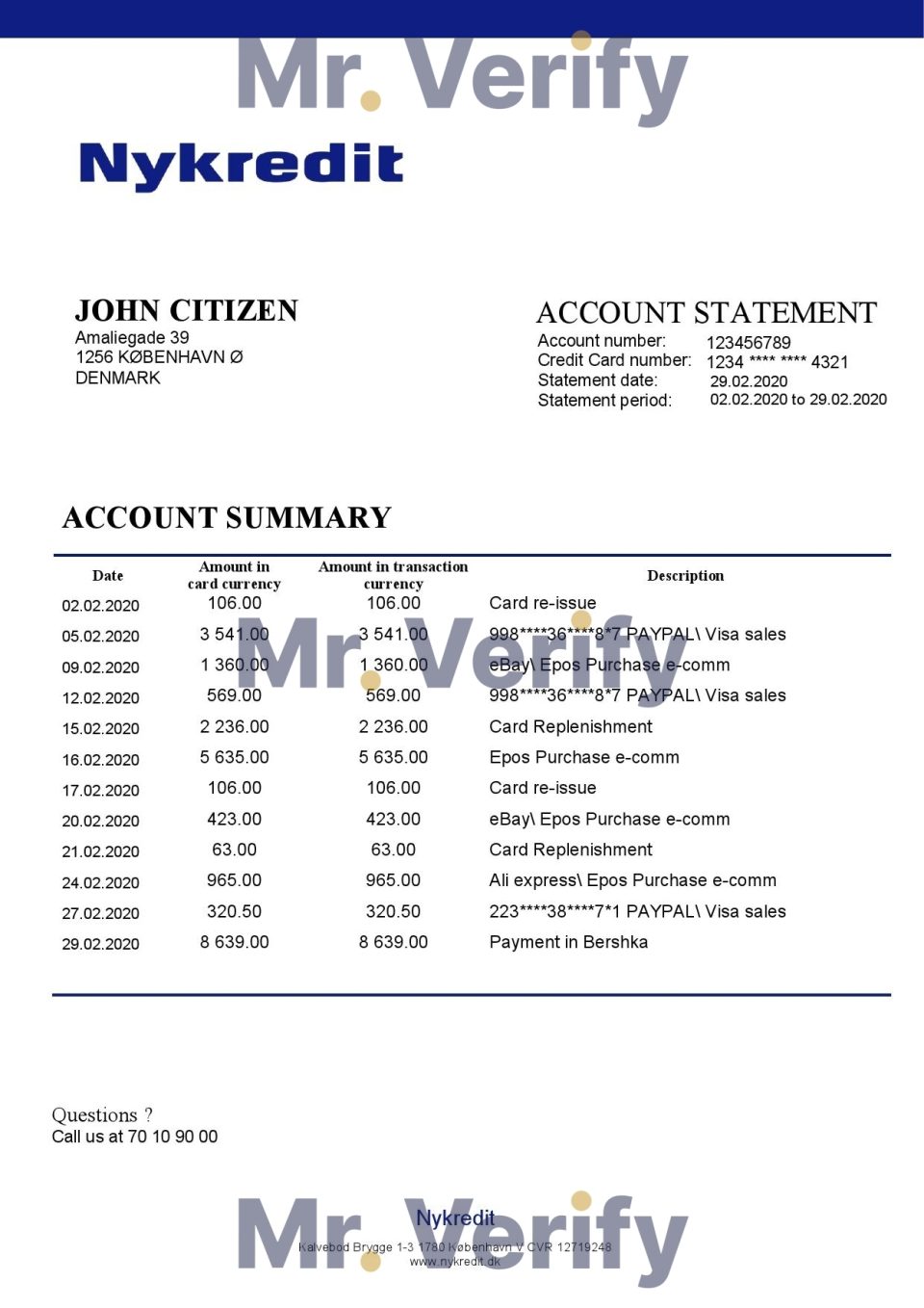 Denmark Nykredit bank statement template in Word and PDF format