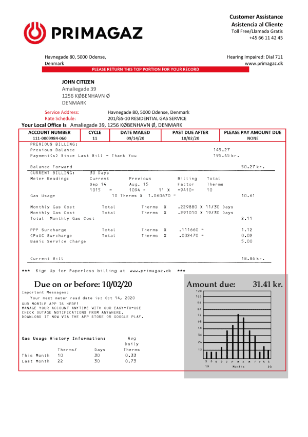 Denmark Primagaz Denmark gas utility bill template in Word and PDF format