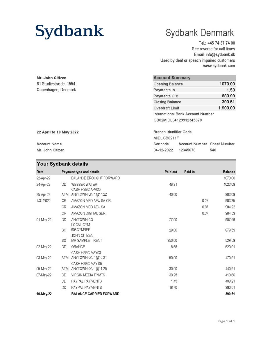 Denmark Sydbank statement Excel and PDF template