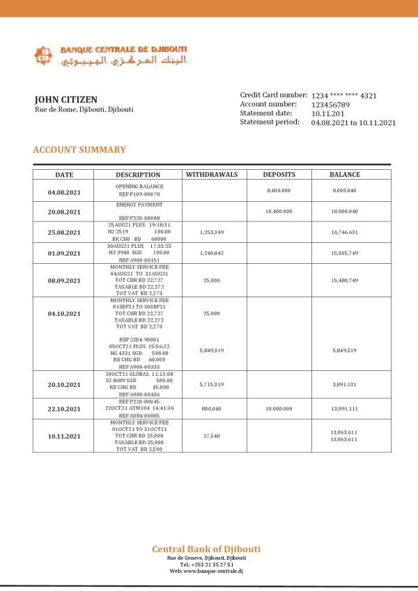 Djibouti Central Bank of Djibouti bank statement template in Word and PDF format