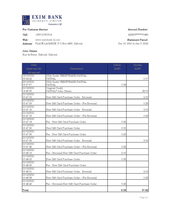 Djibouti Exim bank statement Excel and PDF template
