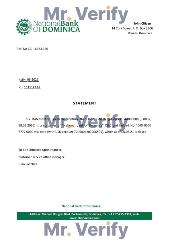 Download Dominica National Bank of Dominica Bank Reference Letter Templates | Editable Word