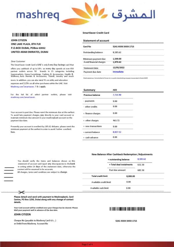 UAE Mashreq bank statement template in Word and PDF format, 4 pages
