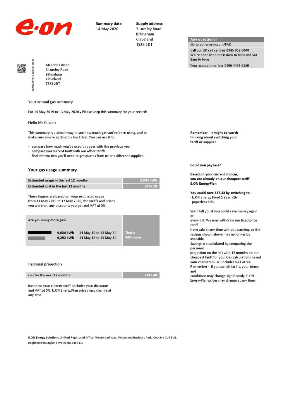 United Kingdom E.ON utility bill template in Word and PDF format, version 2