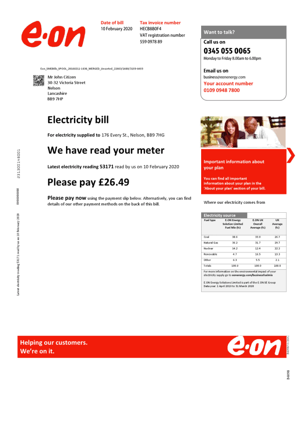 United Kingdom E.ON utility bill template in Word and PDF format, version 3