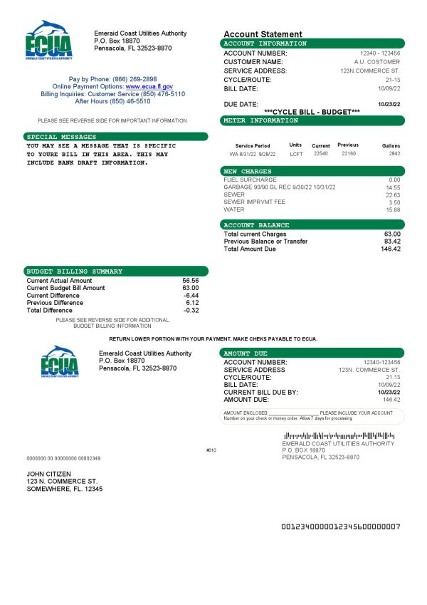 USA ECUA utility bill template in Word and PDF format