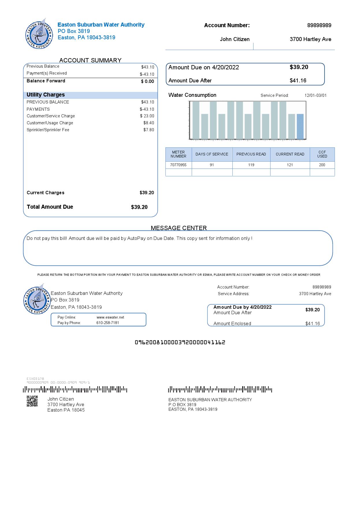 USA Eastern Suburban Water Authority utility bill template in Word and PDF format