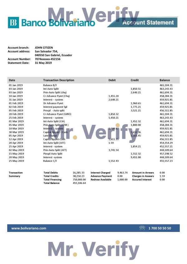 Ecuador Banco Bolivariano proof of address bank statement template in Word and PDF format