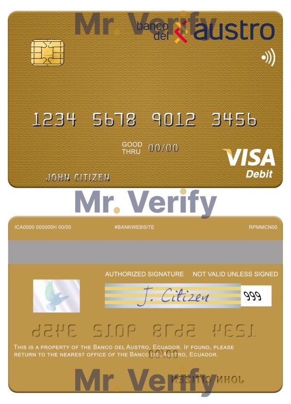 Fillable Ecuador Banco del Austro visa debit card Templates | Layer-Based PSD