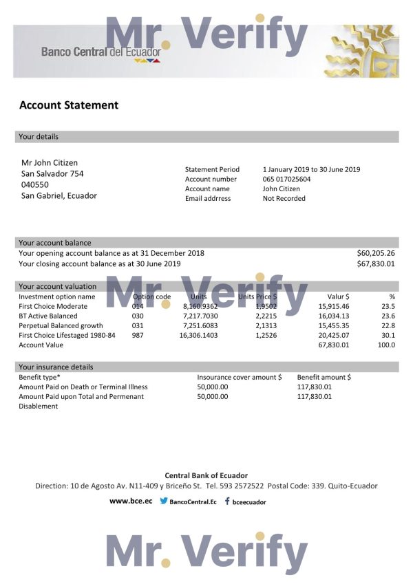 Ecuador Central Bank of Ecuador bank statement easy to fill template in Excel and PDF format