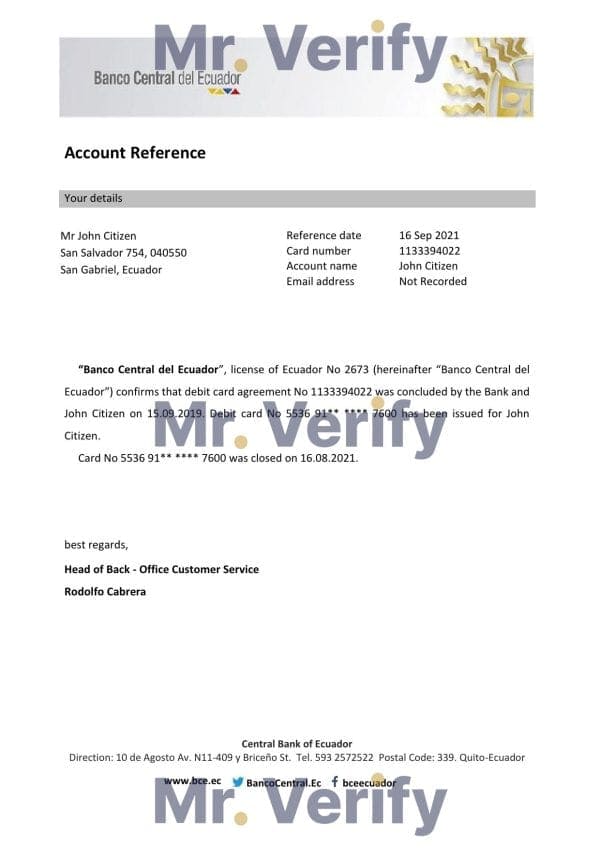 Download Ecuador Central Bank of Ecuador Bank Reference Letter Templates | Editable Word