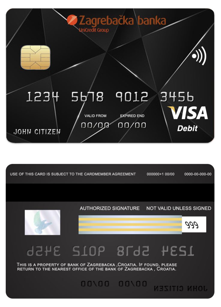 Editable Croatia Zagrebacka bank visa credit card Templates in PSD Format