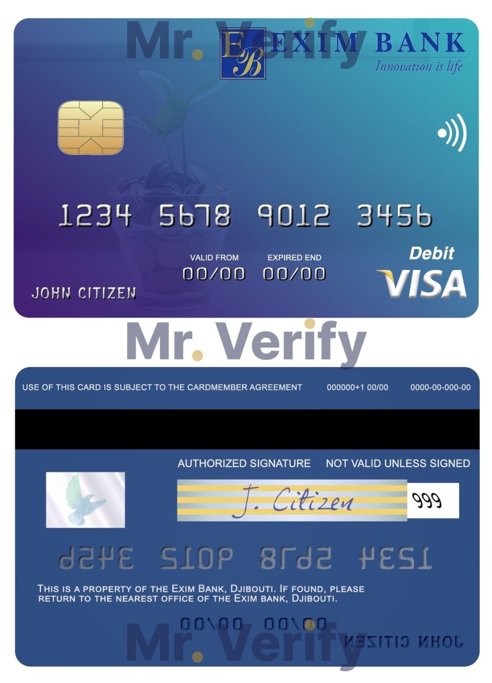 Editable Djibouti Exim Bank visa debit card Templates in PSD Format