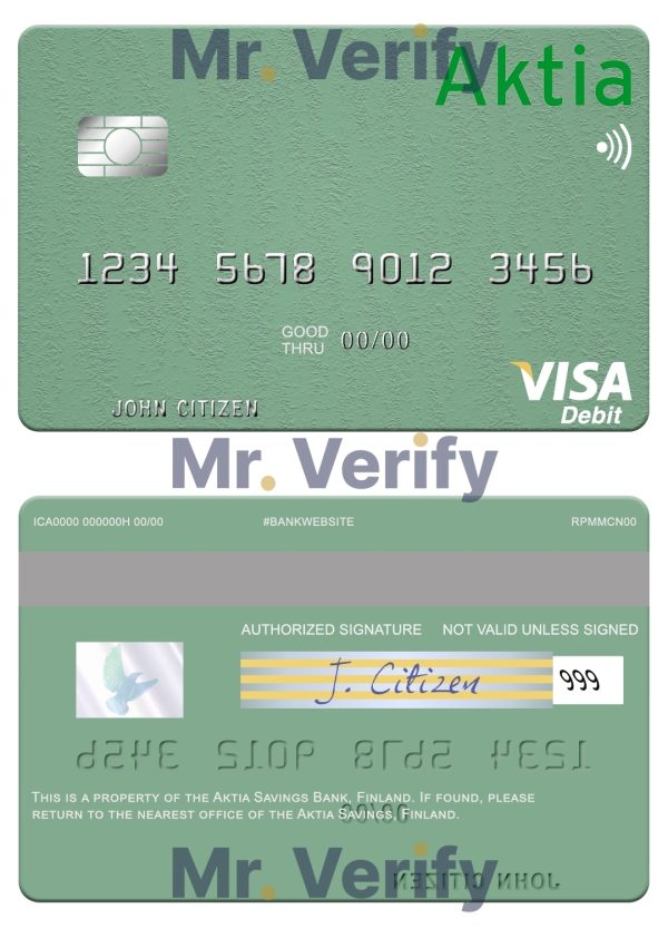 Editable Finland Aktia Savings Bank visa debit card Templates in PSD Format 600x833 - Cart