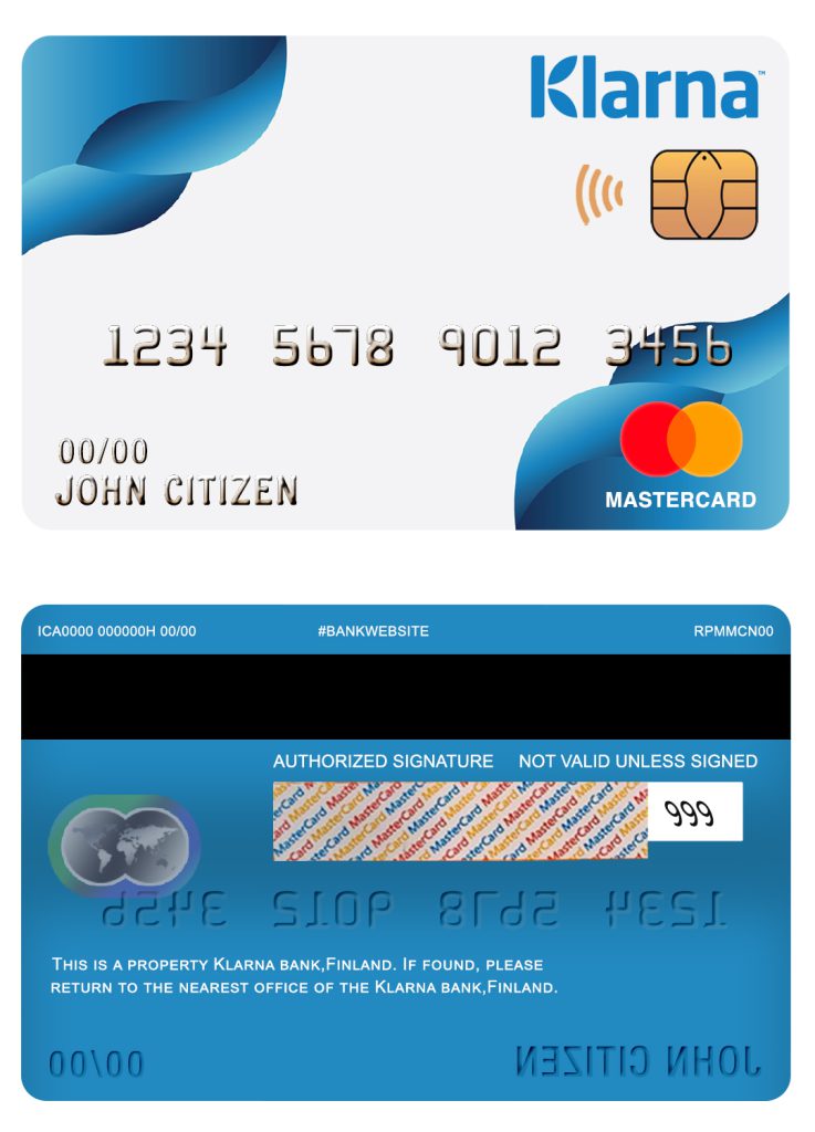 Editable Finland Klarna bank mastercard Templates in PSD Format