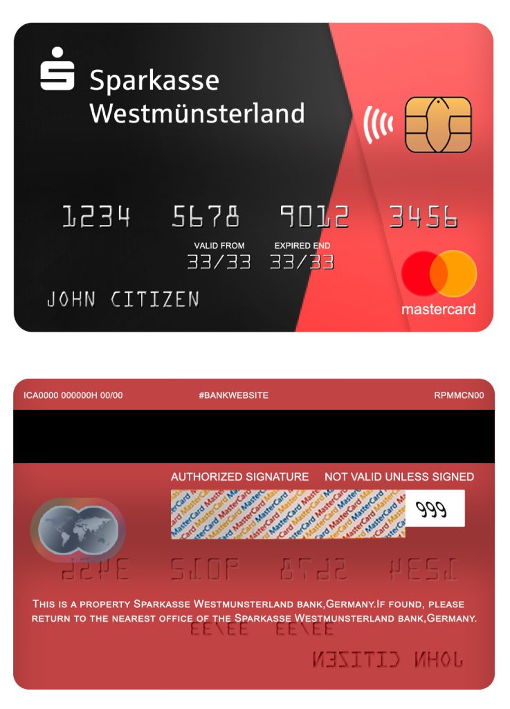 Editable Germany Sparkasse Westmunsterland bank mastercard Templates in PSD Format