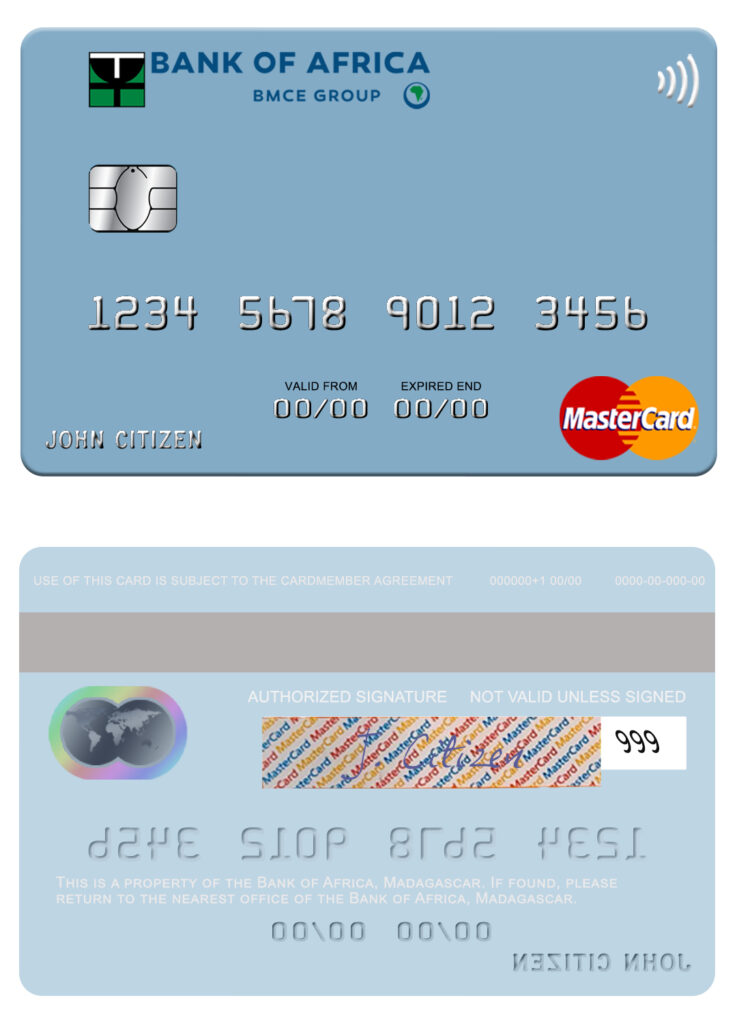 Editable Madagascar Bank of Africa mastercard credit card Templates