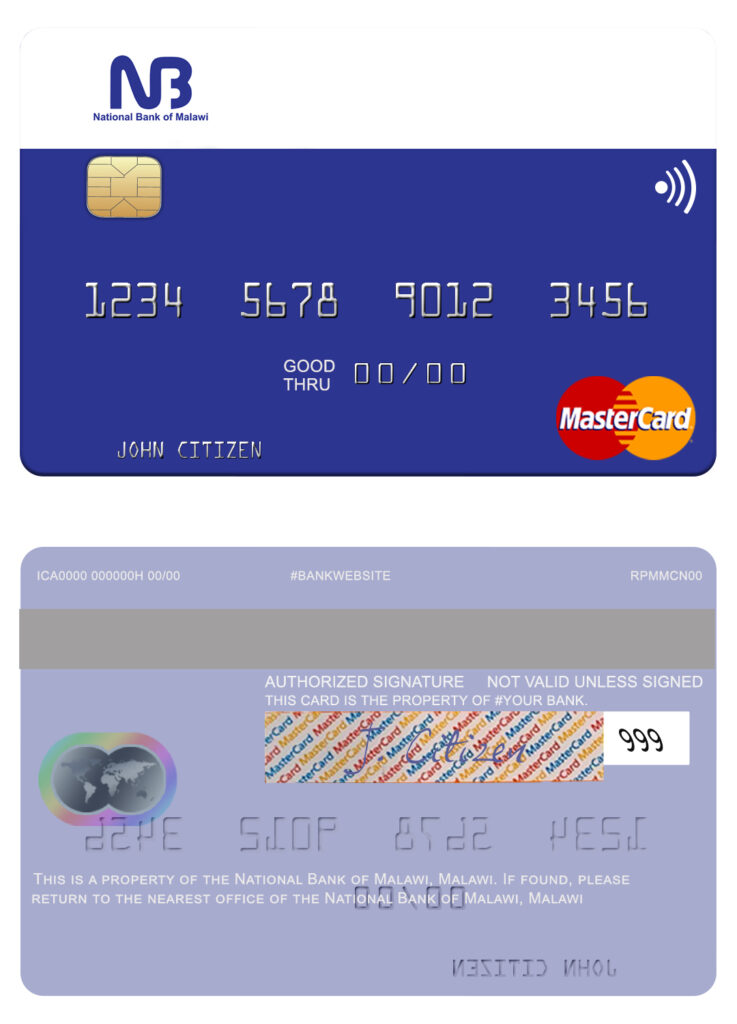 Editable Malawi National Bank mastercard credit card Templates