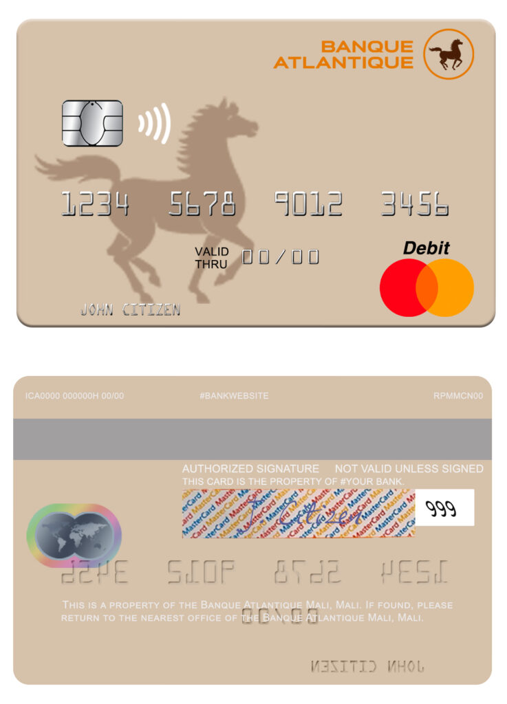 Editable Mali Banque Atlantique mastercard credit card Templates in PSD Format