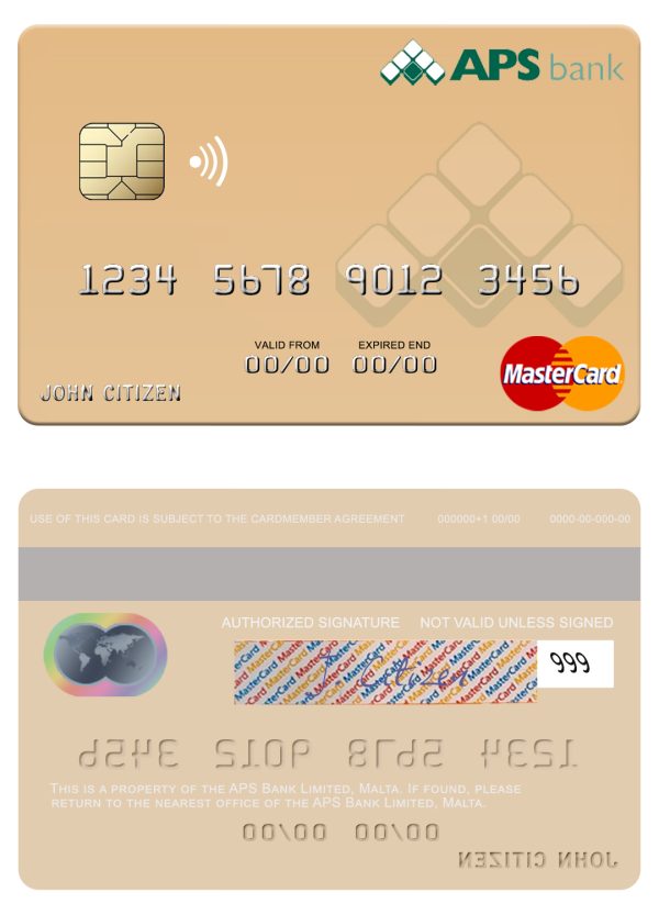 Editable Malta APS Bank Limited mastercard credit card Templates 600x833 - Cart