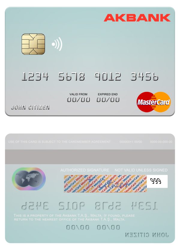 Editable Malta Akbank T.A.S. mastercard credit card Templates 600x833 - Cart