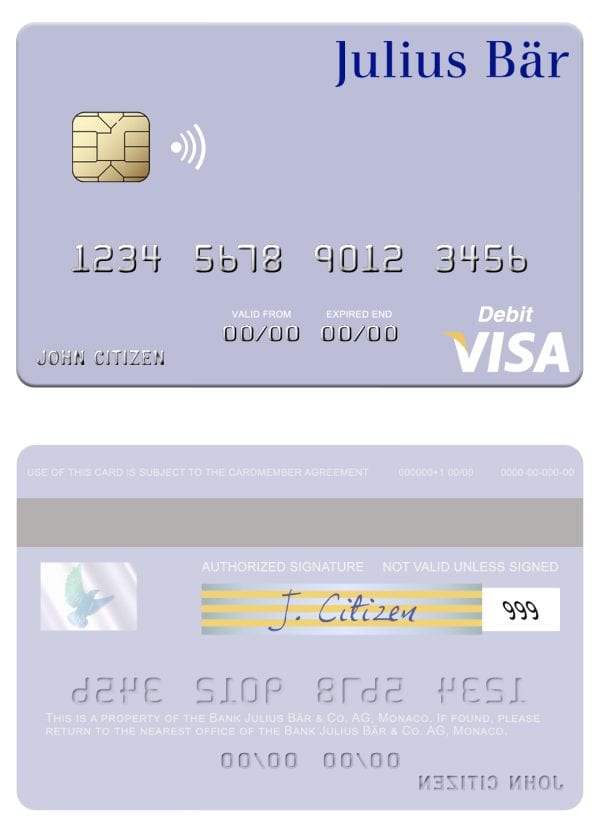 Editable Monaco Julius Bär & Co. AG bank visa debit card Templates in PSD Format