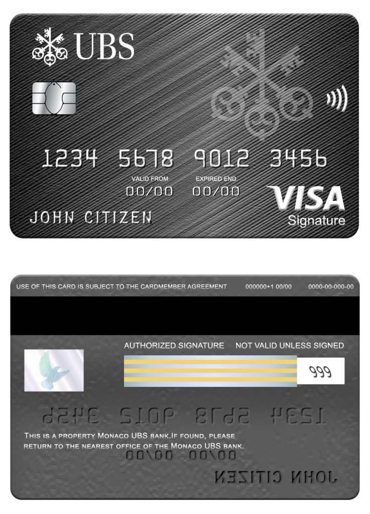 Editable Monaco UBS bank visa signature card Templates in PSD Format