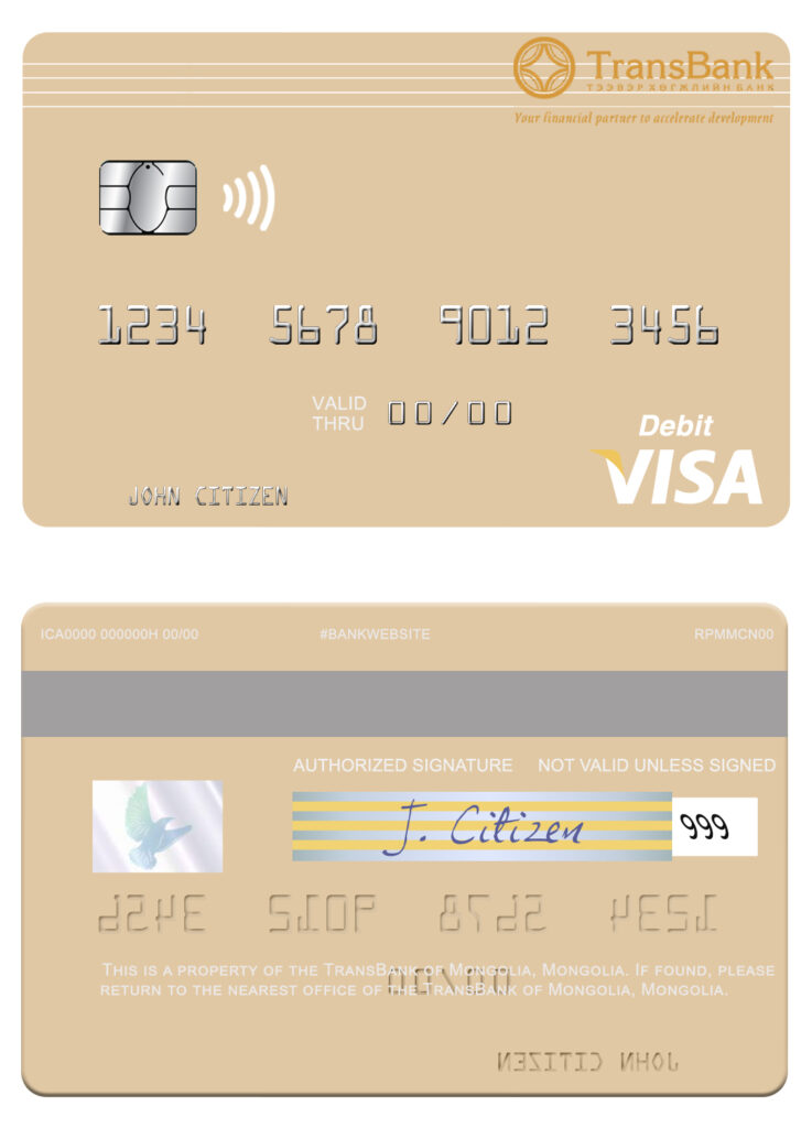 Editable Mongolia TransBank of Mongolia bank visa debit card Templates